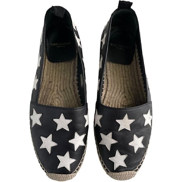 Saint Laurent Black White Star Leather Espadrilles Flats - Picture 1 of 13